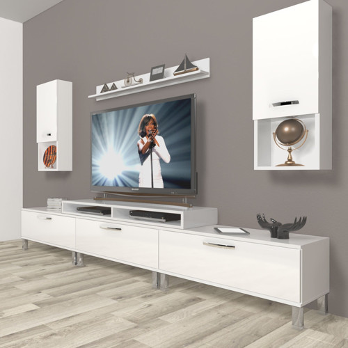 Ekoflex 270da Slm Krom Ayaklı Tv Ünitesi Tv Sehpası - Parlak Beyaz