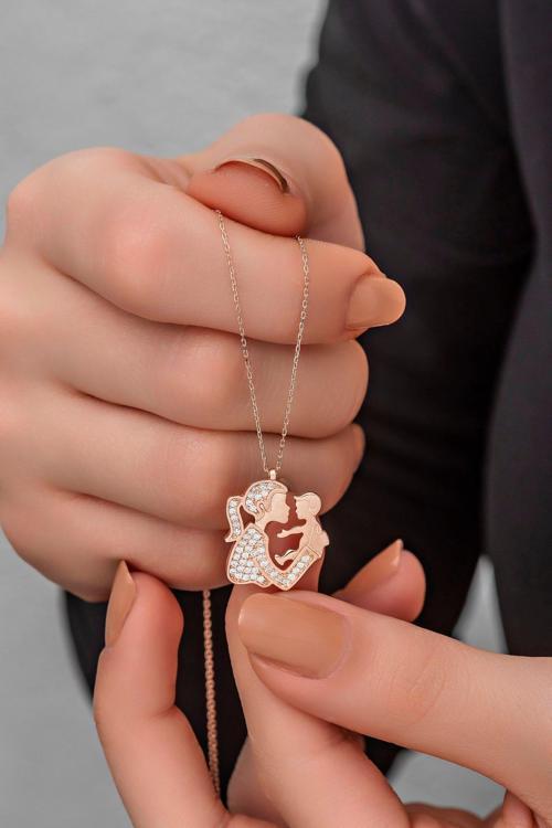 925 Ayar Gümüş Zirkon Taşlı Rose Anne Bebek Kolye