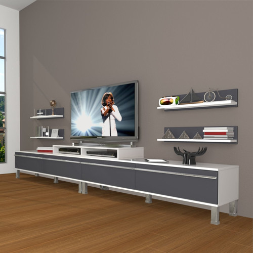 Ekoflex 360r Mdf Krom Ayaklı Tv Ünitesi Tv Sehpası - Beyaz Antrasit