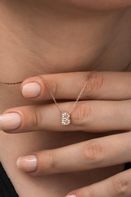 925 Ayar Harf Kolye 3 Boyutlu B Harfi Kadın Gümüş Kolye