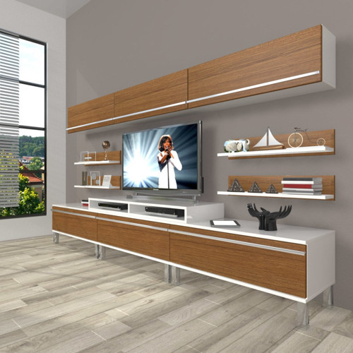 Ekoflex 8y Mdf Krom Ayaklı Tv Ünitesi Tv Sehpası - Beyaz Ceviz