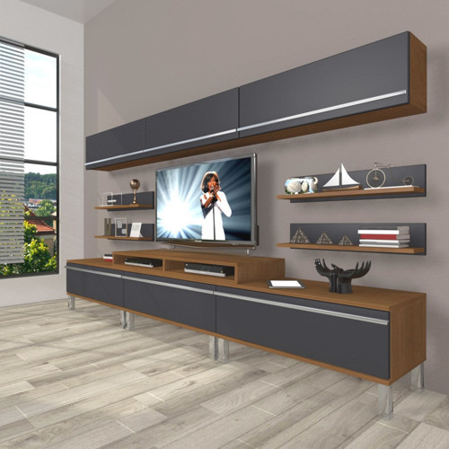 Ekoflex 8y Mdf Krom Ayaklı Tv Ünitesi Tv Sehpası - Ceviz Antrasit