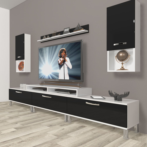 Ekoflex 270da Slm Krom Ayaklı Tv Ünitesi Tv Sehpası - Beyaz Siyah