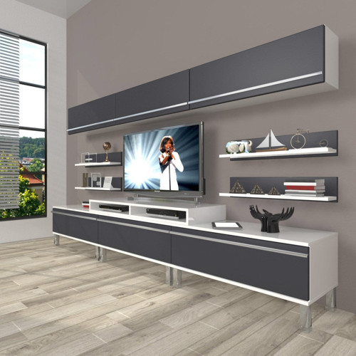 Ekoflex 8y Mdf Krom Ayaklı Tv Ünitesi Tv Sehpası - Beyaz Antrasit