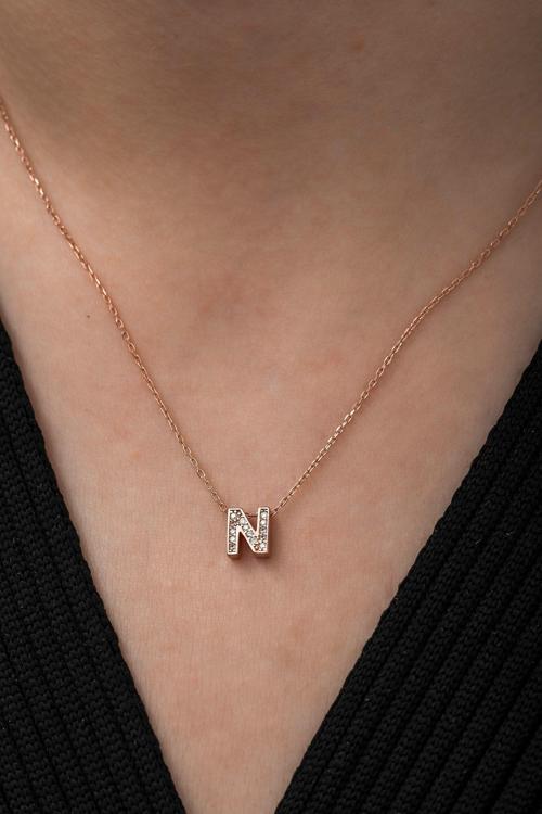 925 Ayar Harf Kolye 3 Boyutlu N Harfi Kadın Gümüş Kolye