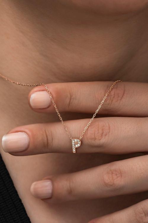 925 Ayar Harf Kolye 3 Boyutlu P Harfi Kadın Gümüş Kolye