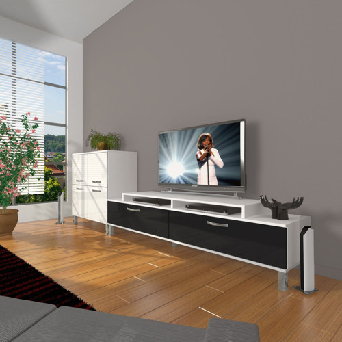 Ekoflex On Slm Krom Ayaklı Tv Ünitesi Tv Sehpası - Beyaz Siyah
