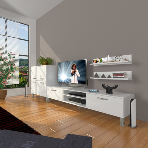 Eko On Mdf Dvd Krom Ayaklı Tv Ünitesi Tv Sehpası - Parlak Beyaz