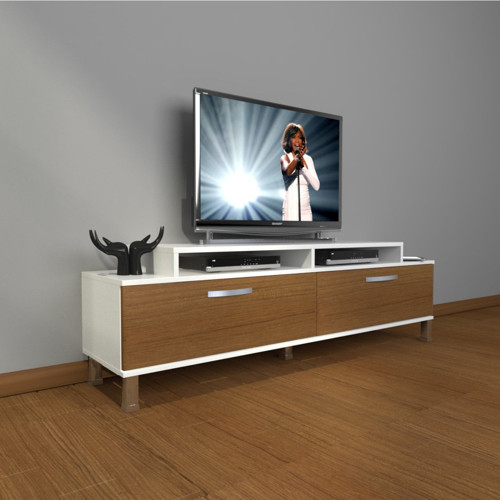 Ekoflex 4 Slm Krom Ayaklı Tv Ünitesi Tv Sehpası - Beyaz Ceviz