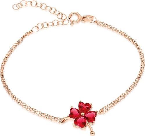 925 Ayar Kırmızı Taşlı Yonca Bileklik Kadın Gümüş Bileklik 