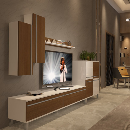 Eko 6 Mdf Std Krom Ayaklı Tv Ünitesi Tv Sehpası - Beyaz Ceviz