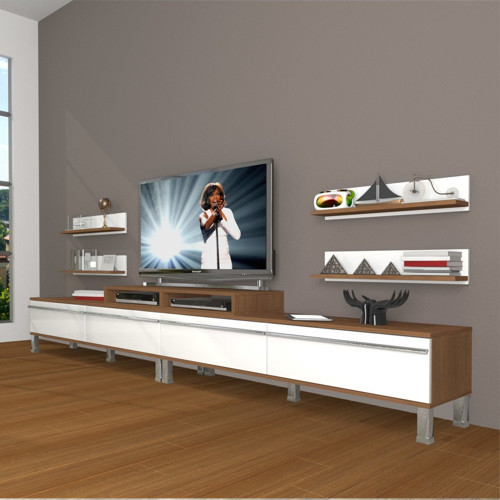 Ekoflex 360r Mdf Krom Ayaklı Tv Ünitesi Tv Sehpası - Ceviz Beyaz