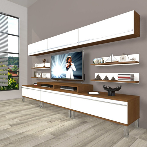 Ekoflex 8y Mdf Krom Ayaklı Tv Ünitesi Tv Sehpası - Ceviz Beyaz