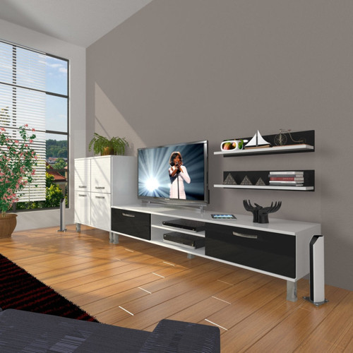 Eko On Mdf Dvd Krom Ayaklı Tv Ünitesi Tv Sehpası - Beyaz Siyah