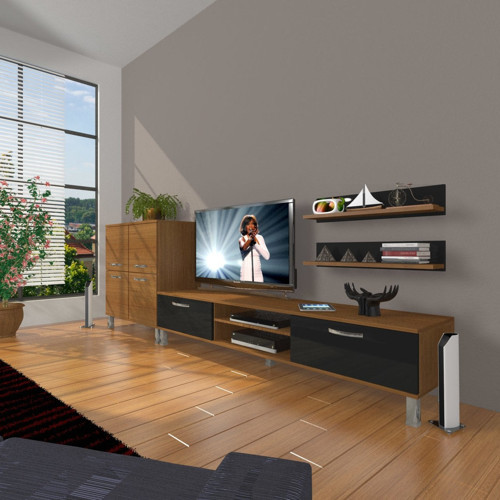 Eko On Mdf Dvd Krom Ayaklı Tv Ünitesi Tv Sehpası - Ceviz Siyah