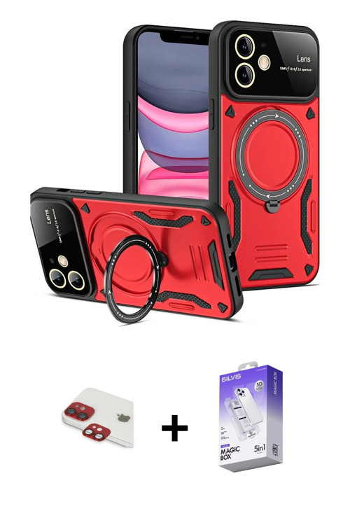 iPhone 11 Kılıf Kıvılcım Modern Serisi - Siyah Bilvis 5in1 3D Magic Cam Ekran Koruyucu + Kırmız