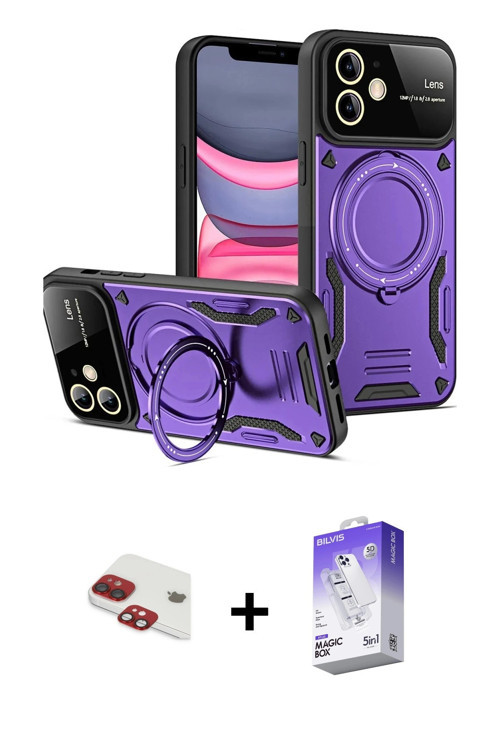 iPhone 11 Kılıf Kıvılcım Modern Serisi - Siyah Bilvis 5in1 3D Magic Cam Ekran Koruyucu + Kırmız
