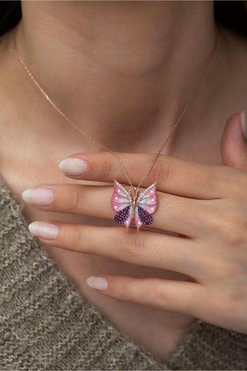 925 Ayar Pembe Kelebek Kadın Gümüş Kolye