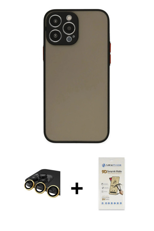 iPhone 14 Pro Kılıf Ahenk Çizgi Serisi - Siyah Mat Seramik Nano Ekran Koruyucu + Gold Raze Meta