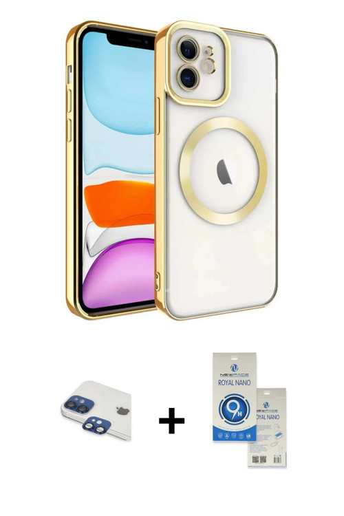 iPhone 11 Kılıf Nova Işık Özel Seri - Şeffaf Royal Nano Ekran Koruyucu + Lacivert Pers Alüminyu