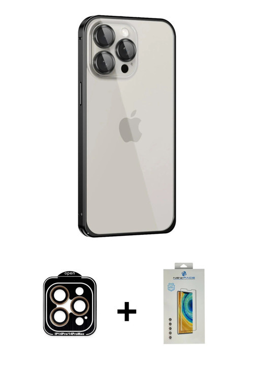 iPhone 15 Pro Max Kılıf Eksen Form Serisi - Siyah Polymer Nano Ekran Koruyucu + Turuncu PVD Met