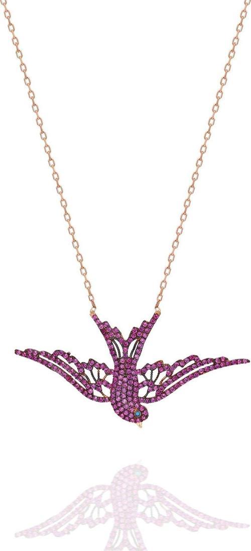 925 Ayar Pembe Taşlı Anka Kuşu Kolye Kadın Gümüş Kolye