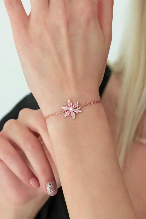 925 Ayar Pembe Taşlı Çiçek Bileklik Kadın Gümüş Bileklik