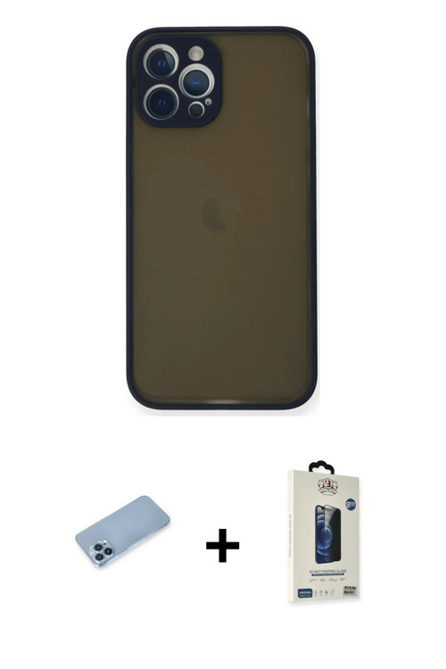 iPhone 12 Pro Max Kılıf Ahenk Çizgi Serisi - Siyah Bilvis Hayalet Cam Ekran Koruyucu + Mavi Shi