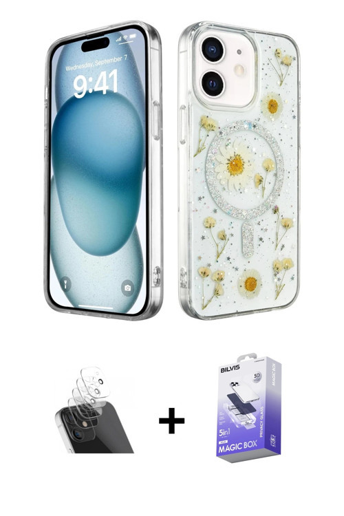 iPhone 12 Kılıf Kozmos Doku - Siyah Bilvis 5in1 5D Magic Hayalet Cam Ekran Koruyucu + Şeffaf Ka