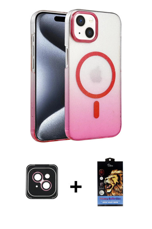 iPhone 14 Kılıf Ahenk Doku Özel Seri - Siyah Buffer Hayalet Cam Ekran Koruyucu + Pembe PVD Meta