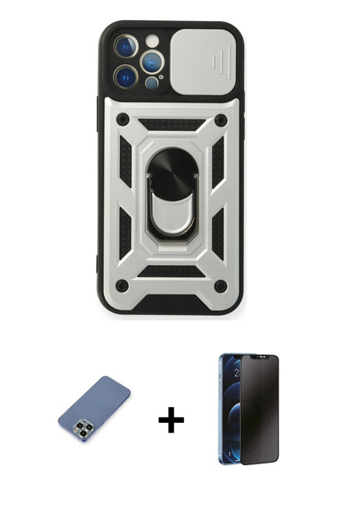 iPhone 12 Pro Kılıf Ahenk Klasik - Siyah 3D Antistatik Hayalet Cam Ekran Koruyucu + Açık Yeşil