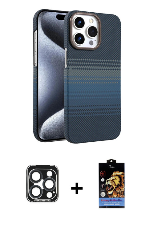 iPhone 15 Pro Max Kılıf Doruk Serisi - Siyah Buffer Hayalet Cam Ekran Koruyucu + Lacivert PVD M