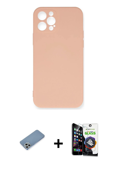 iPhone 12 Pro Max Kılıf Ahenk Serisi - Şeffaf Temperli Cam Ekran Koruyucu + Gümüş Shine Kamera