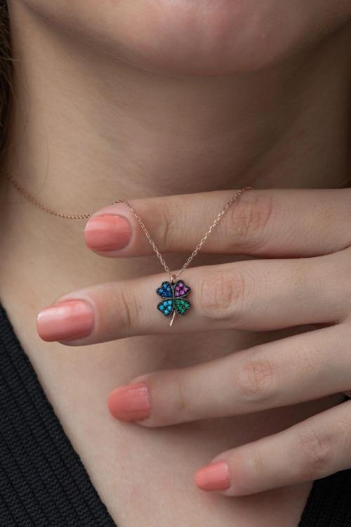 925 Ayar Renkli Taşlı Yonca Kolye Kadın Gümüş Kolye