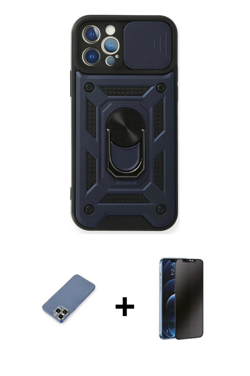 iPhone 12 Pro Kılıf Ahenk Klasik - Siyah 3D Antistatik Hayalet Cam Ekran Koruyucu + Açık Yeşil