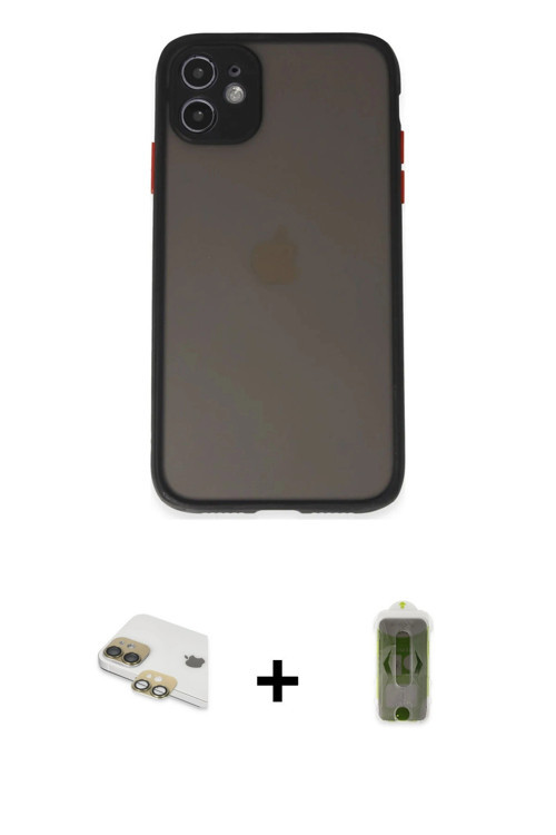 iPhone 11 Kılıf Ahenk Çizgi Serisi - Siyah Joko Magic 5D Hayalet Cam + Gold Pers Alüminyum Kame