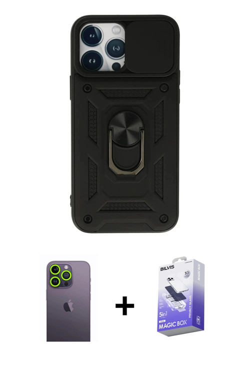 iPhone 13 Pro Max Kılıf Ahenk Klasik - Siyah Bilvis 5in1 5D Magic Hayalet Cam Ekran Koruyucu +