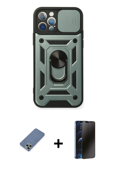 iPhone 12 Pro Kılıf Ahenk Klasik - Siyah 3D Antistatik Hayalet Cam Ekran Koruyucu + Açık Yeşil