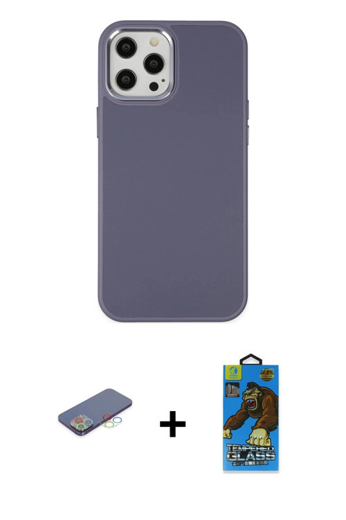 iPhone 12 Pro Max Kılıf Çekirdek Çizgi - Siyah 18D Cam Ekran Koruyucu + Mavi Renkli Kamera Lens