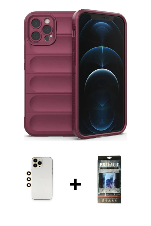 iPhone 12 Pro Kılıf Atlas Koleksiyonu - Siyah 34D Hayalet Izgaralı Cam + Gold Shine Kamera Lens