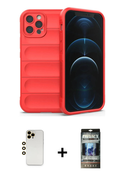 iPhone 12 Pro Kılıf Atlas Koleksiyonu - Siyah 34D Hayalet Izgaralı Cam + Gold Shine Kamera Lens