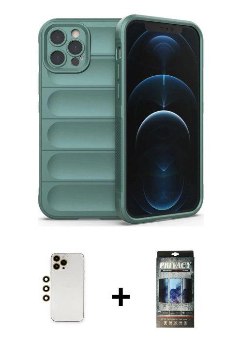 iPhone 12 Pro Kılıf Atlas Koleksiyonu - Siyah 34D Hayalet Izgaralı Cam + Gold Shine Kamera Lens