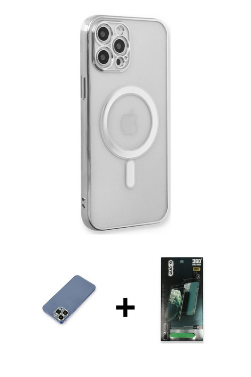 iPhone 12 Pro Kılıf Doruk Minimal - Şeffaf 360 Full Body Arka Koruyucu + Açık Yeşil Metal Kamer