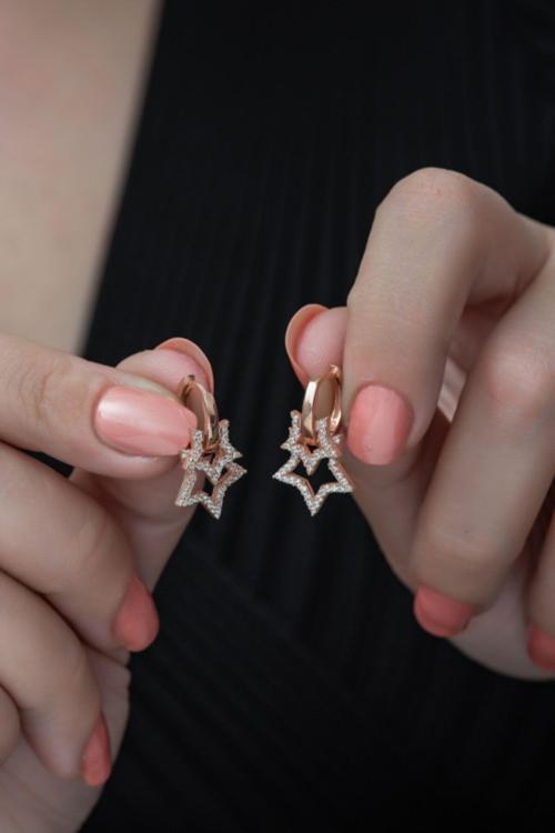 925 Ayar Rose Çift Yıldız Küpe Kadın Gümüş Küpe