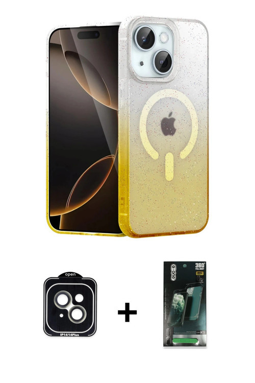 iPhone 14 Kılıf Eksen Minimal Özel Seri - Şeffaf 360 Full Body Arka Koruyucu + Yeşil PVD Metal