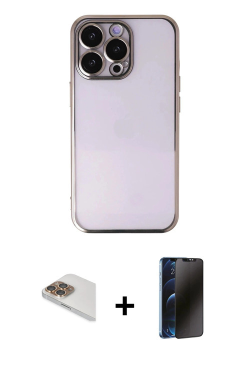 iPhone 13 Pro Max Kılıf Vadi Minimal - Siyah 3D Antistatik Hayalet Cam Ekran Koruyucu + Gold Pe