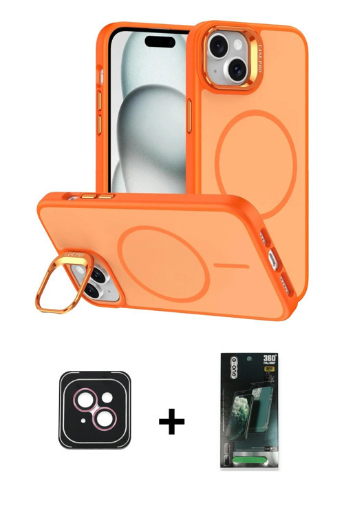 iPhone 14 Kılıf Çekirdek Klasik - Şeffaf 360 Full Body Arka Koruyucu + Pembe PVD Metal Kamera L