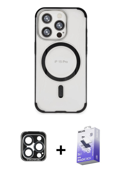 iPhone 15 Pro Max Kılıf Eksen Klasik Koleksiyonu - Siyah Bilvis 5in1 5D Magic Hayalet Cam Ekran