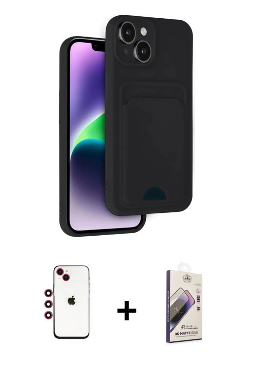 iPhone 14 Kılıf Vadi Çizgi Prime - Siyah Bilvis 3D Mat Cam Ekran Koruyucu + Kırmızı Shine Kamer