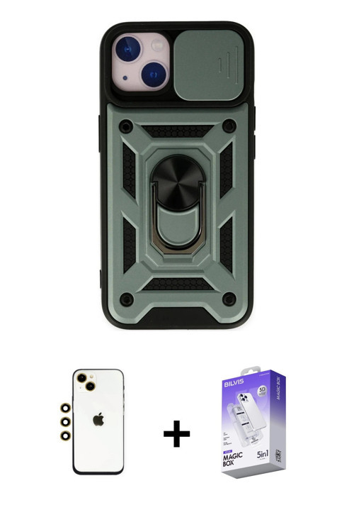 iPhone 14 Kılıf Ahenk Klasik - Siyah Bilvis 5in1 3D Magic Cam Ekran Koruyucu + Gold Shine Kamer